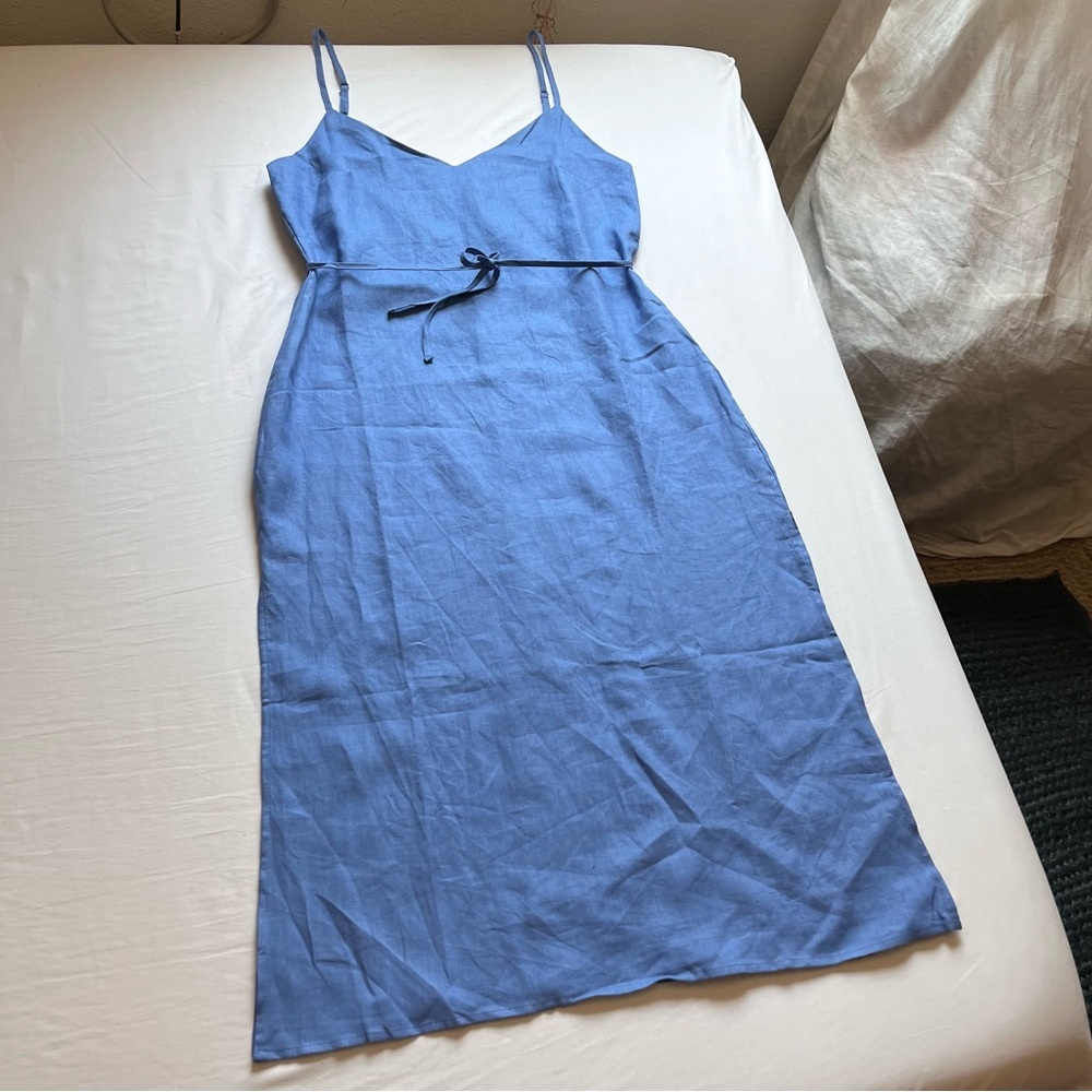 NWT GHANDA CO blue linen sleeveless belted midi‎ dress